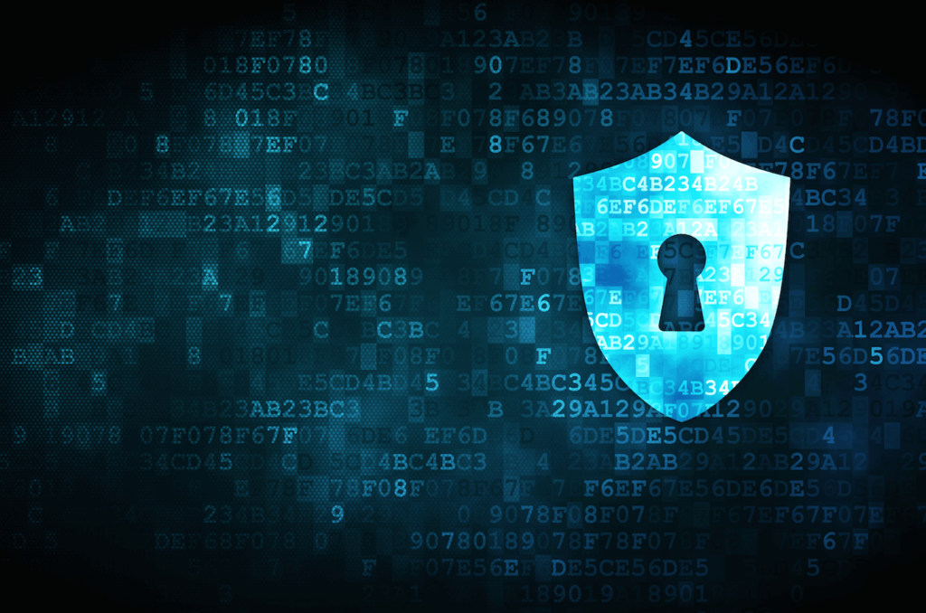 Digital security concept with a shield and lock symbol amid code.