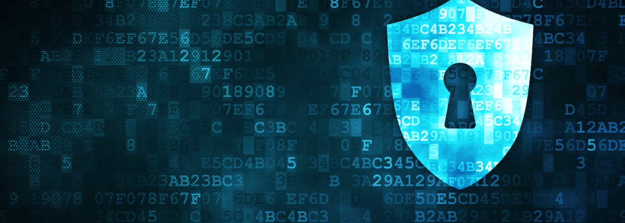 Digital security concept with a shield and lock symbol amid code.