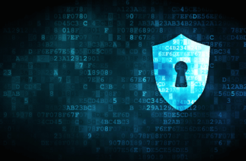 Digital security concept with a shield and lock symbol amid code.