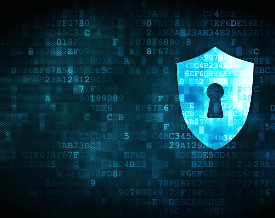 Digital security concept with a shield and lock symbol amid code.