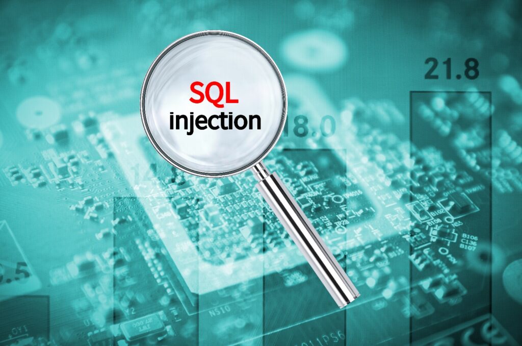 Magnifying glass highlighting SQL injection on a digital circuit background.