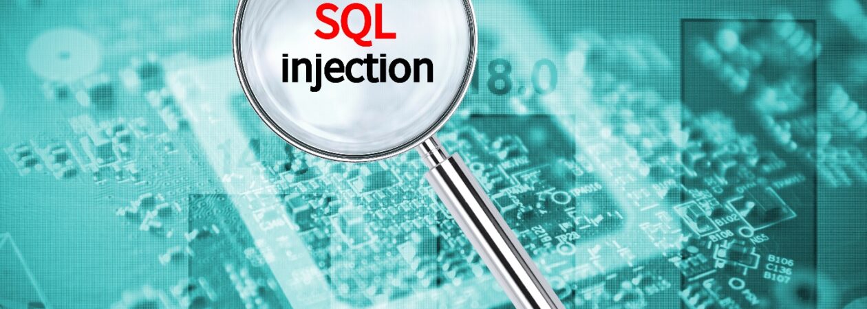 Magnifying glass highlighting SQL injection on a digital circuit background.