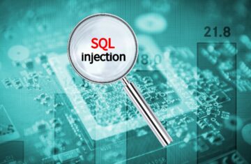 Magnifying glass highlighting SQL injection on a digital circuit background.