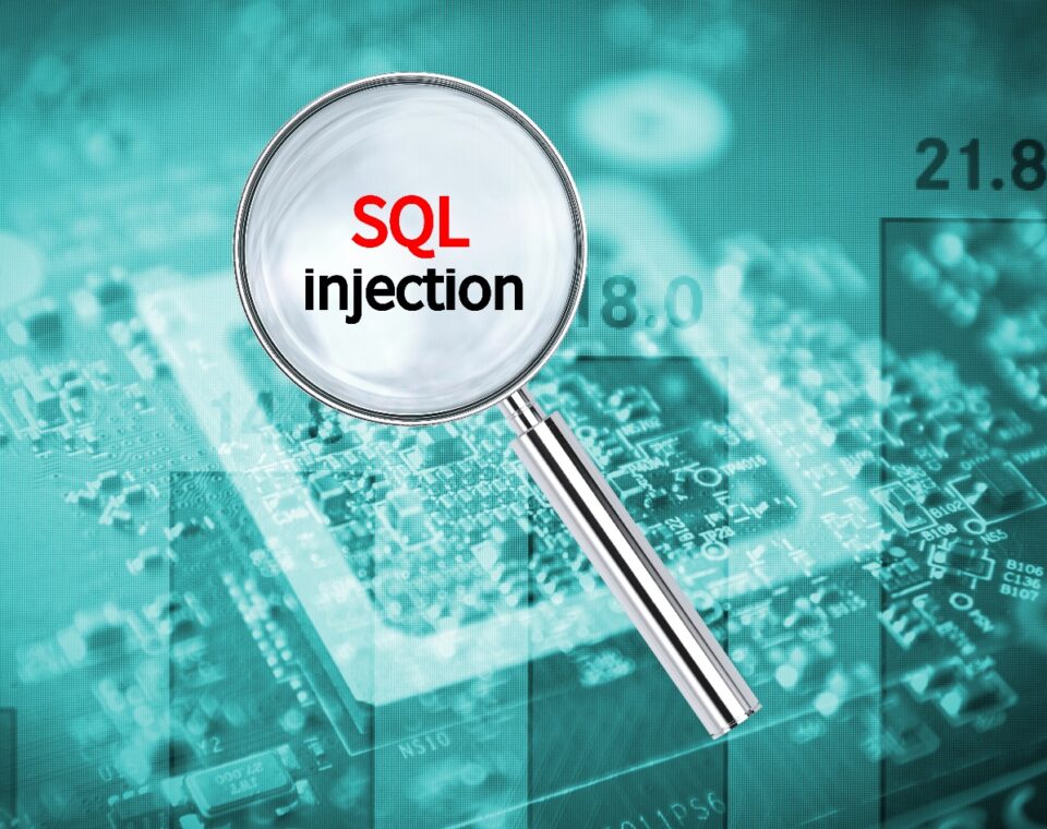 Magnifying glass highlighting SQL injection on a digital circuit background.