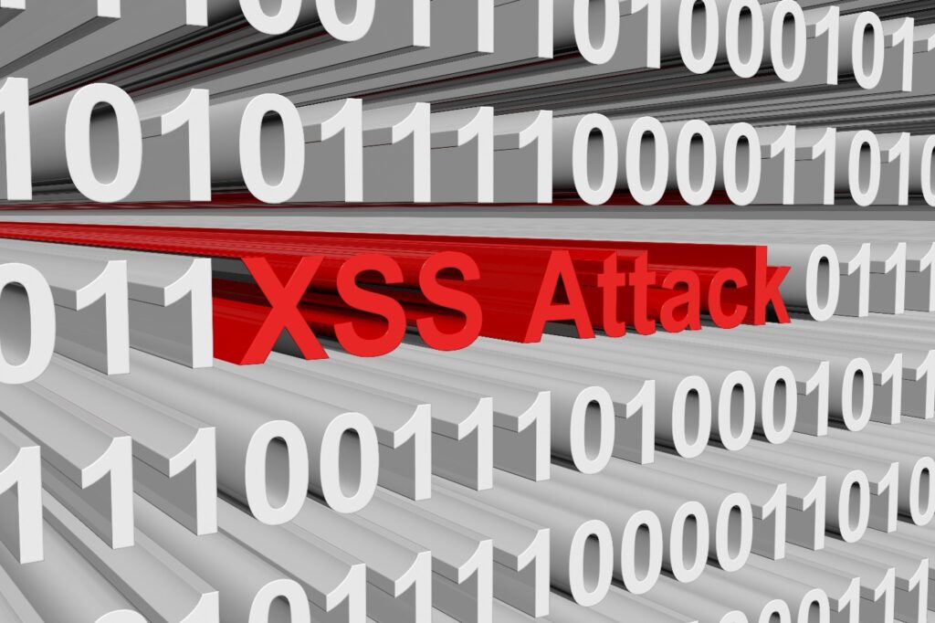 Illustration of a prominent red 'XSS Attack' text amidst binary code.