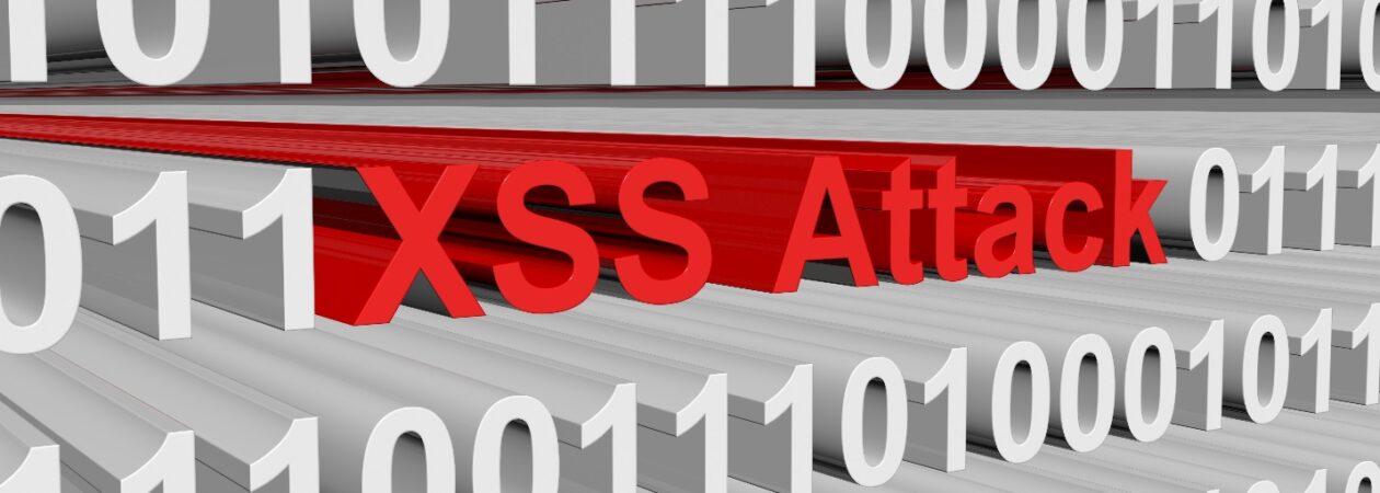 Illustration of a prominent red 'XSS Attack' text amidst binary code.