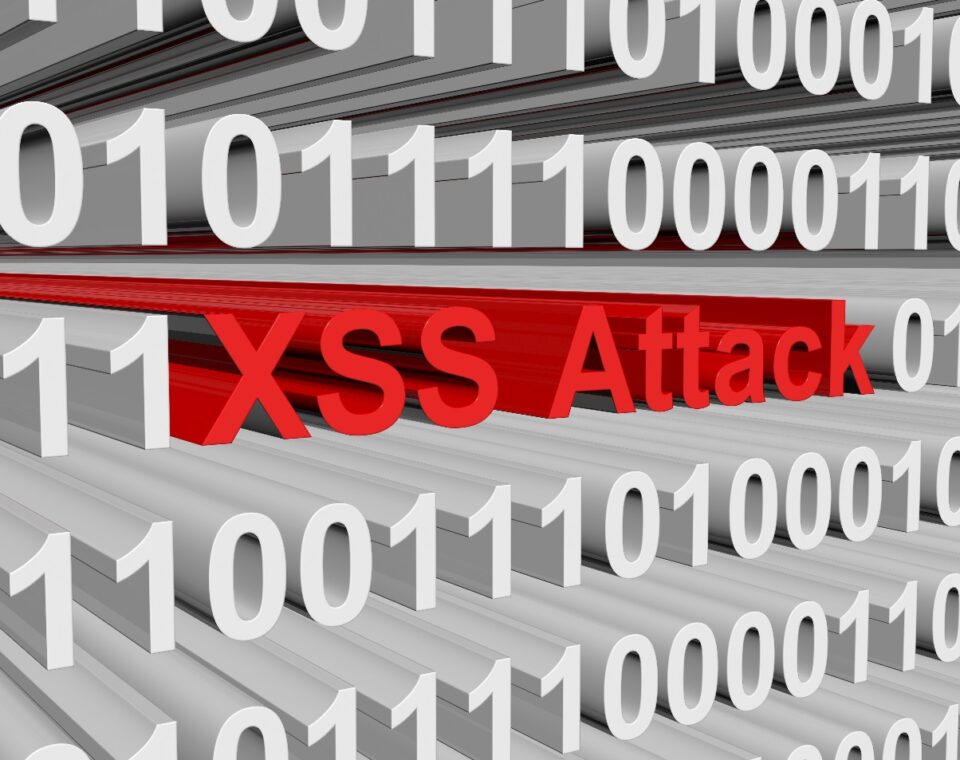 Illustration of a prominent red 'XSS Attack' text amidst binary code.